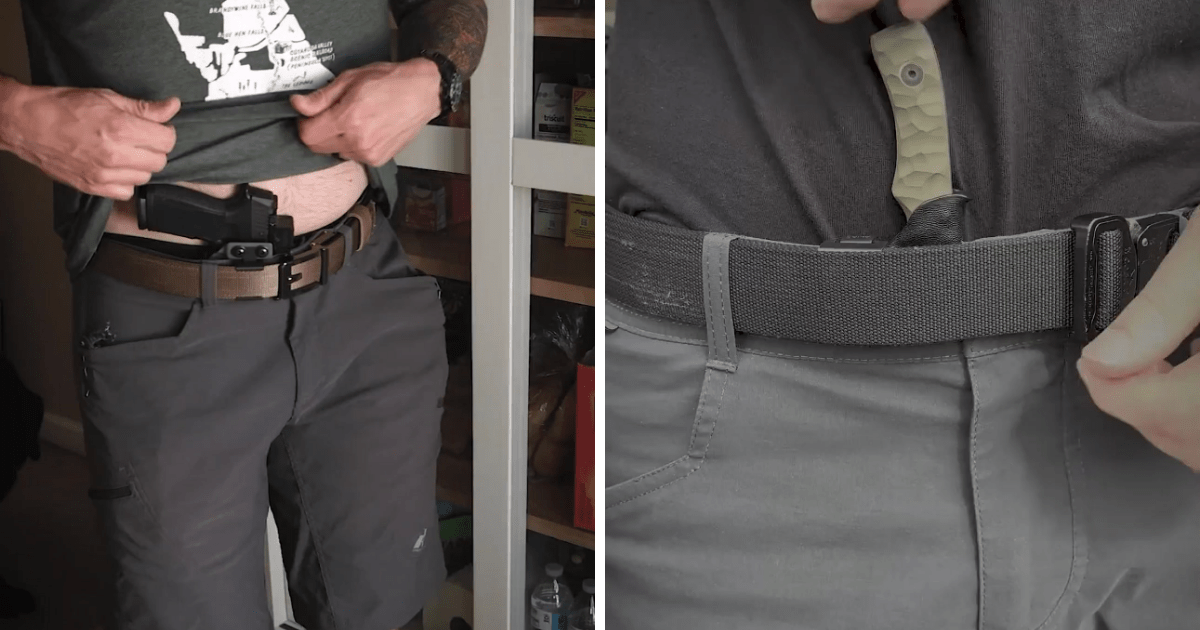 A man putting his inside-the-wasitband concealed carry holster by NeoMag for urban edc.